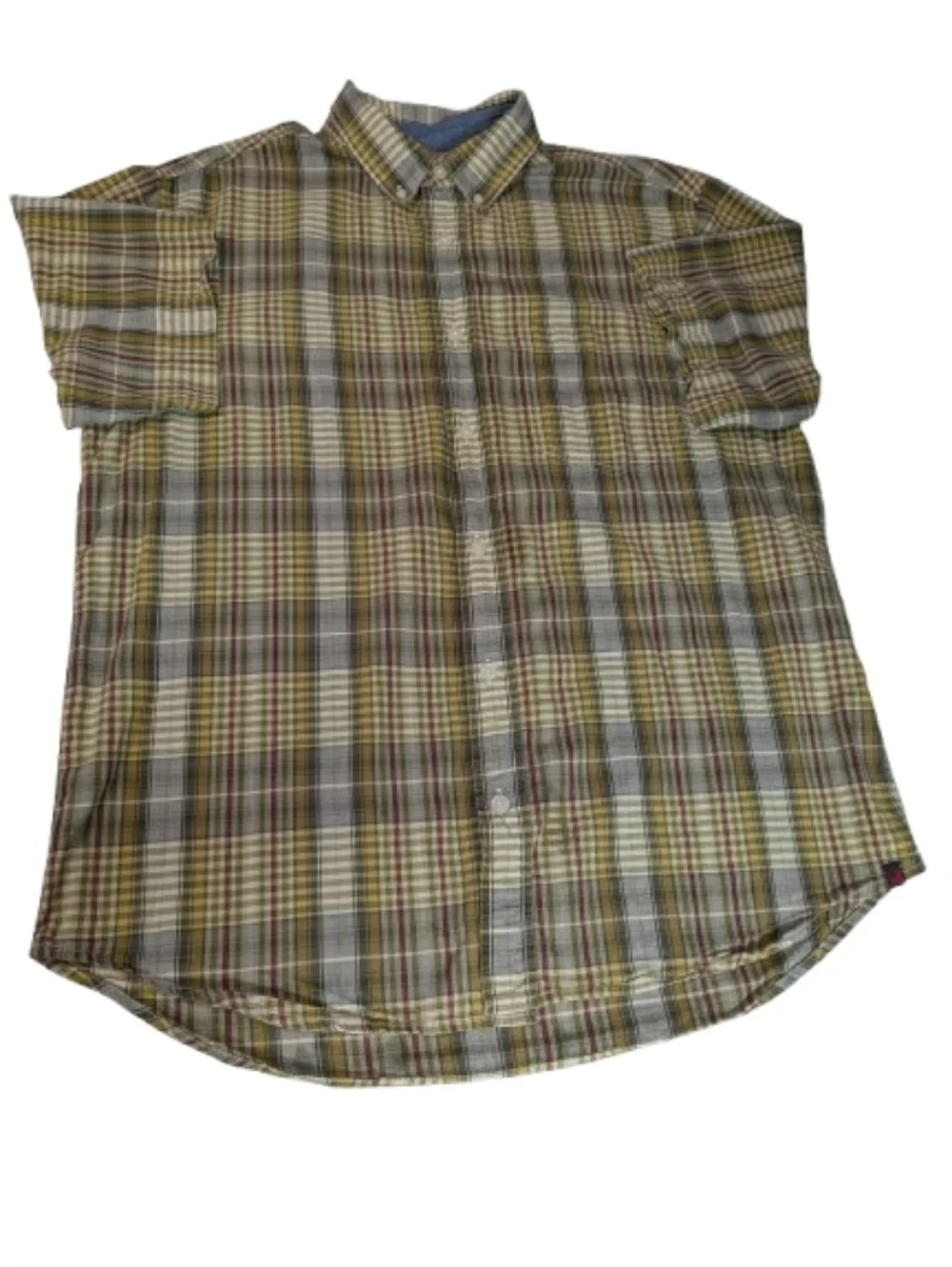 Woolrich Men's Size L Plaid Short Sleeve Button Down Shirt 100% Cotton Green Tan